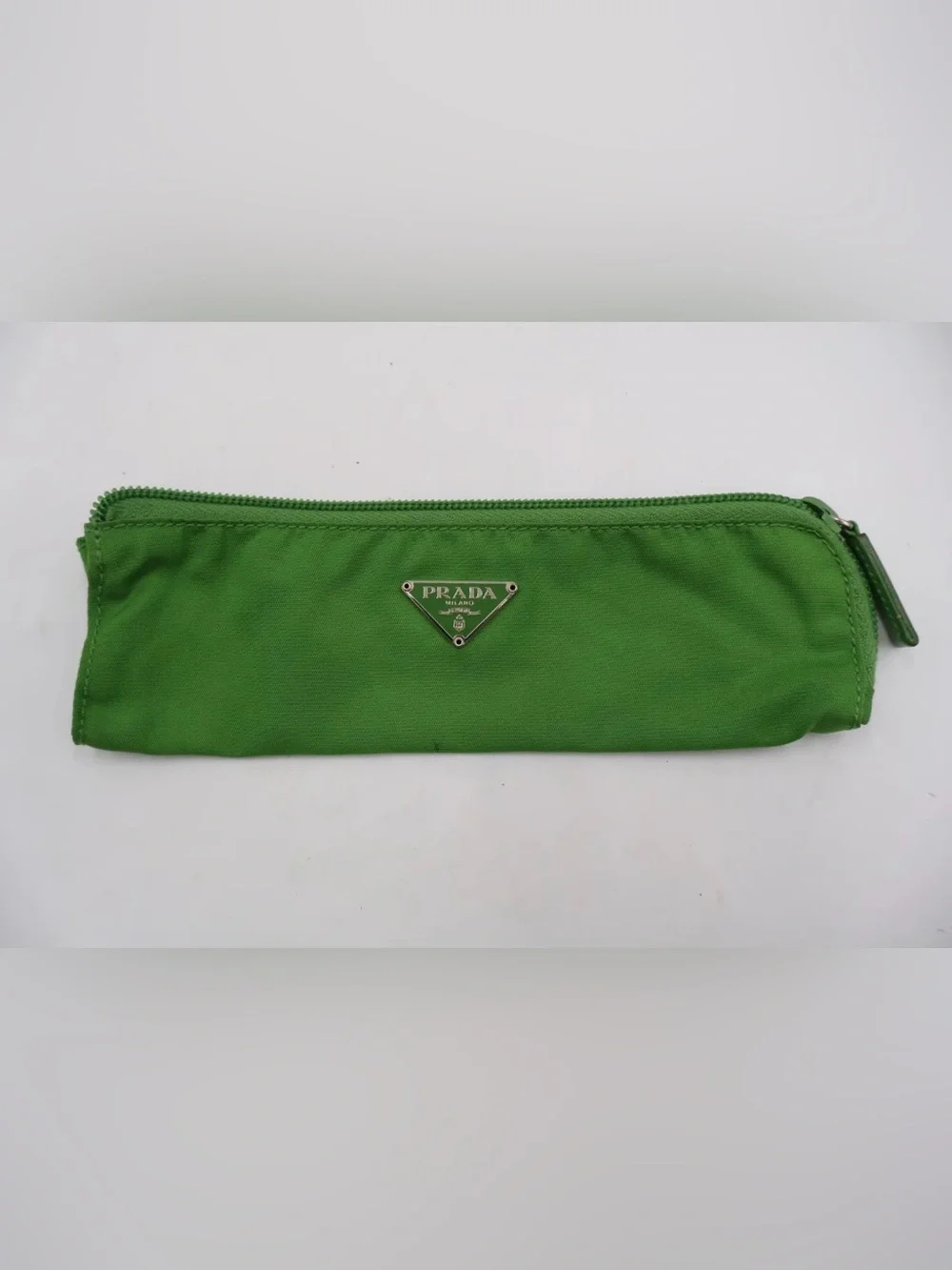 Prada Green Nylon Cosmetic Pouch with Silver Triangle Logo